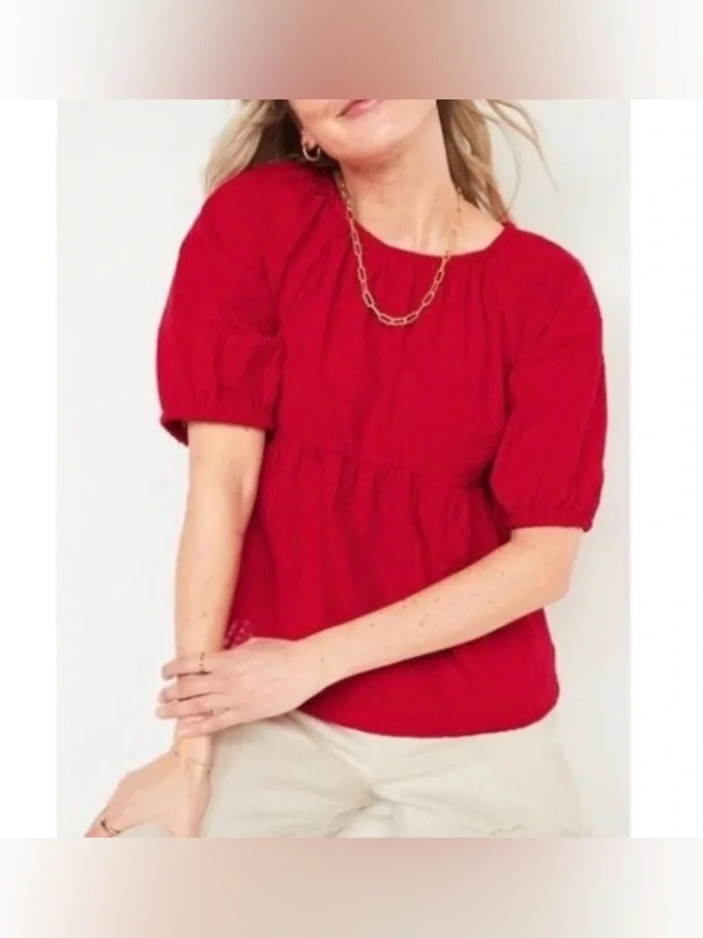 Old Navy Red Short Puff Sleeve Peasant Top